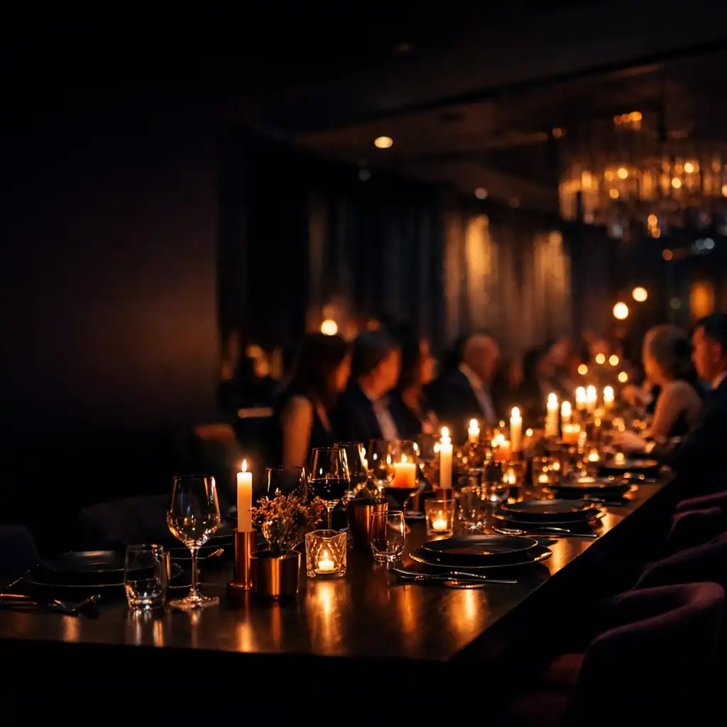 Nocny salon restauracyjny z długim stołem, świecami i eleganckimi gośćmi