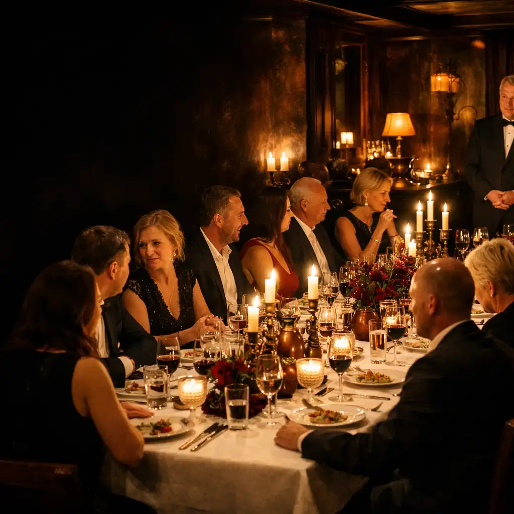 Elegancki wieczór firmowy przy długim stole w nocnej restauracji