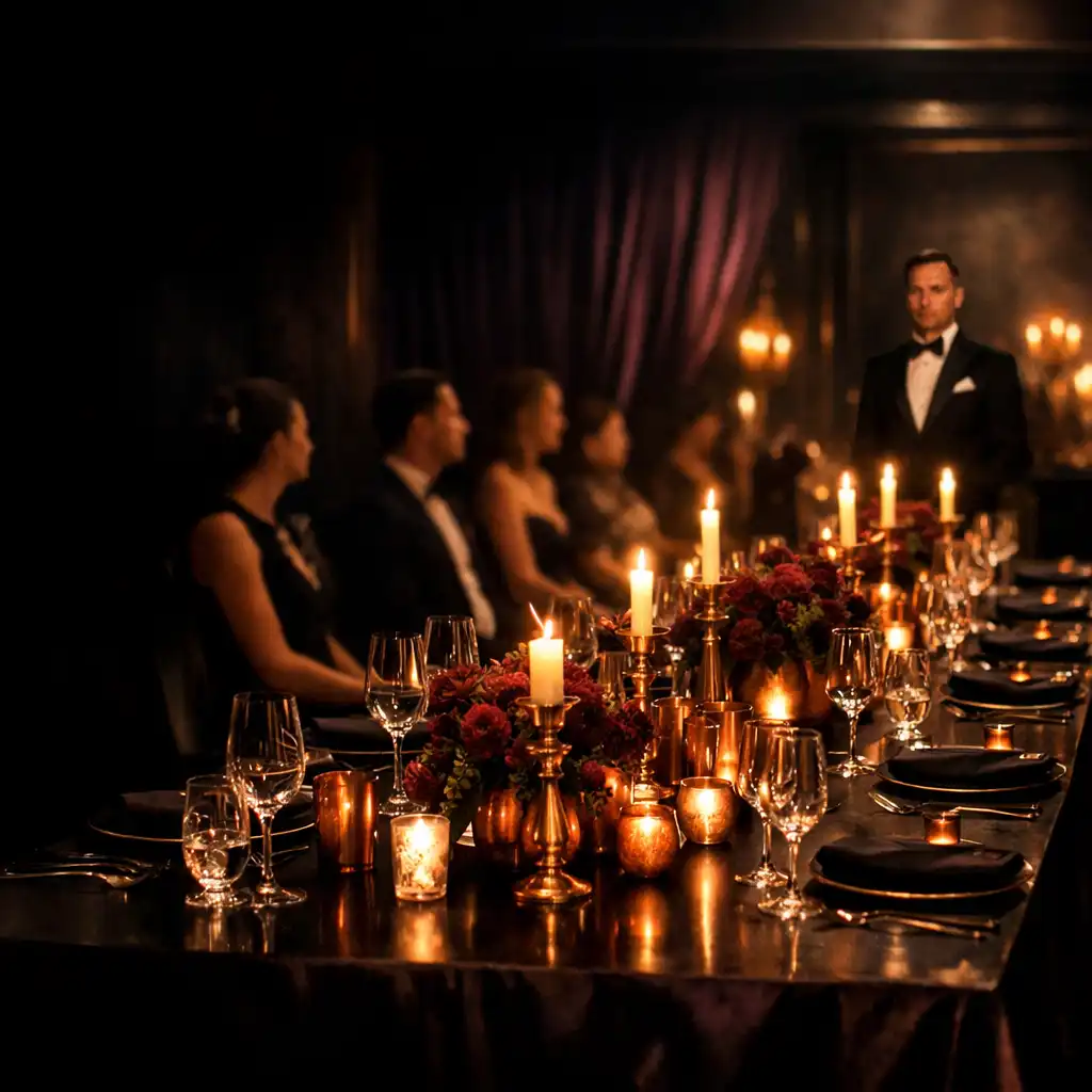 Elegancki wieczorny salon restauracyjny z przygotowanym stołem i gośćmi w tle