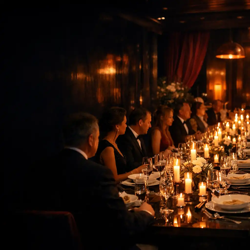 Wieczorna gala przy długim stole w eleganckiej restauracji